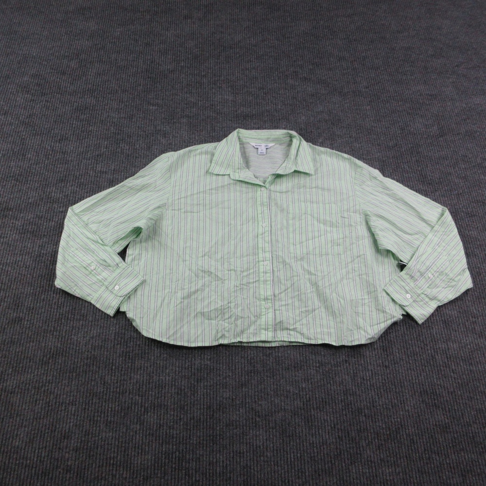 Old Navy Button-Up Womens XL Green Cropped Collared Long Sleeve Striped NWT